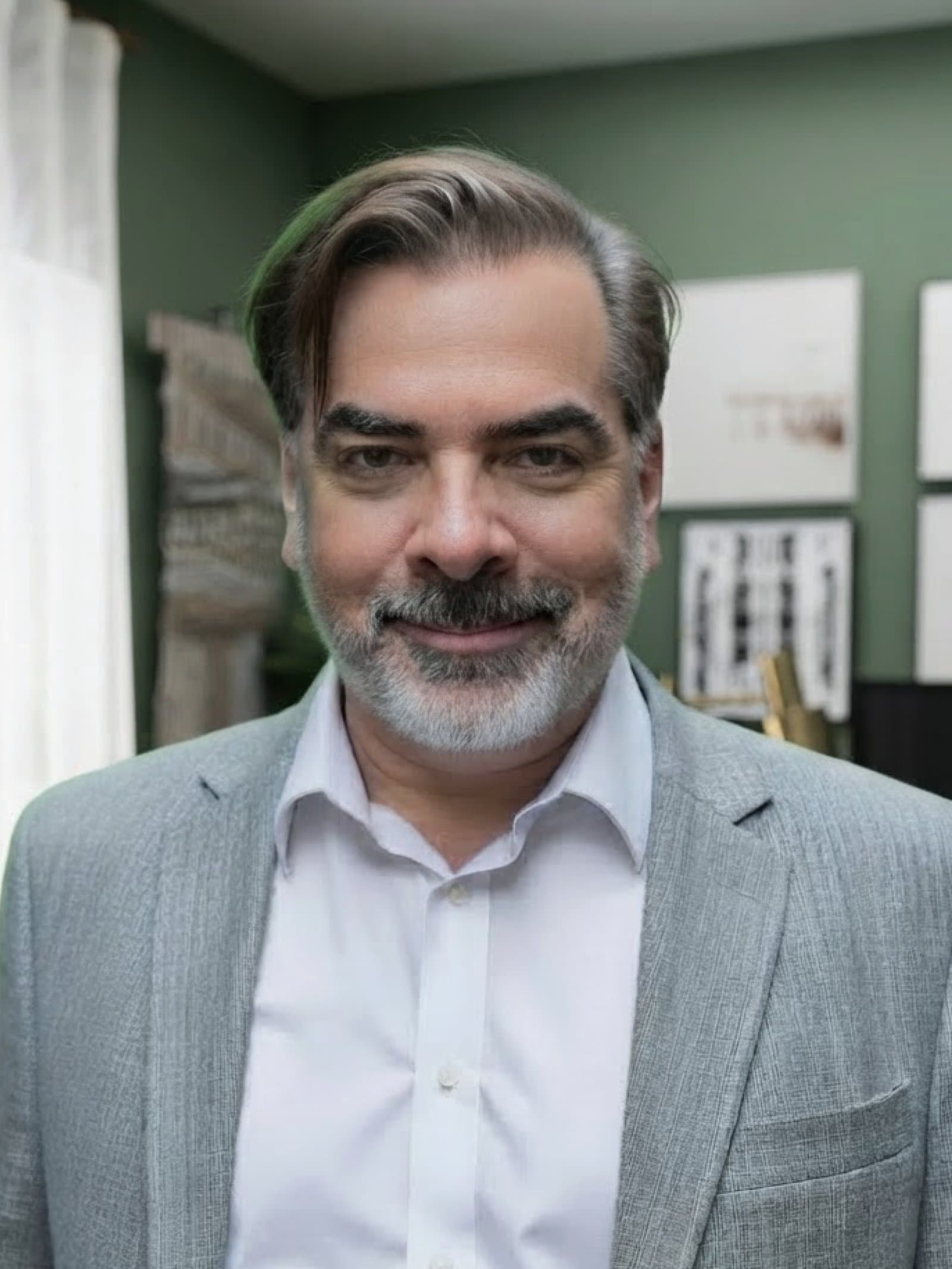 Alfonso Barreiro, Product Designer, in a green-walled office.